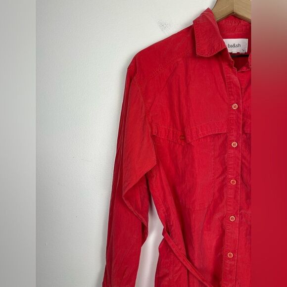 BA&SH Pearl Belted Red Lyocell blend Poplin Mini Shirt Dress Women’s Sz XS - Picture 2 of 9